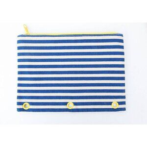 Blue & White Striped Fabric Binder Pouch With Yellow Zipper & Grommets 7.25" x 1